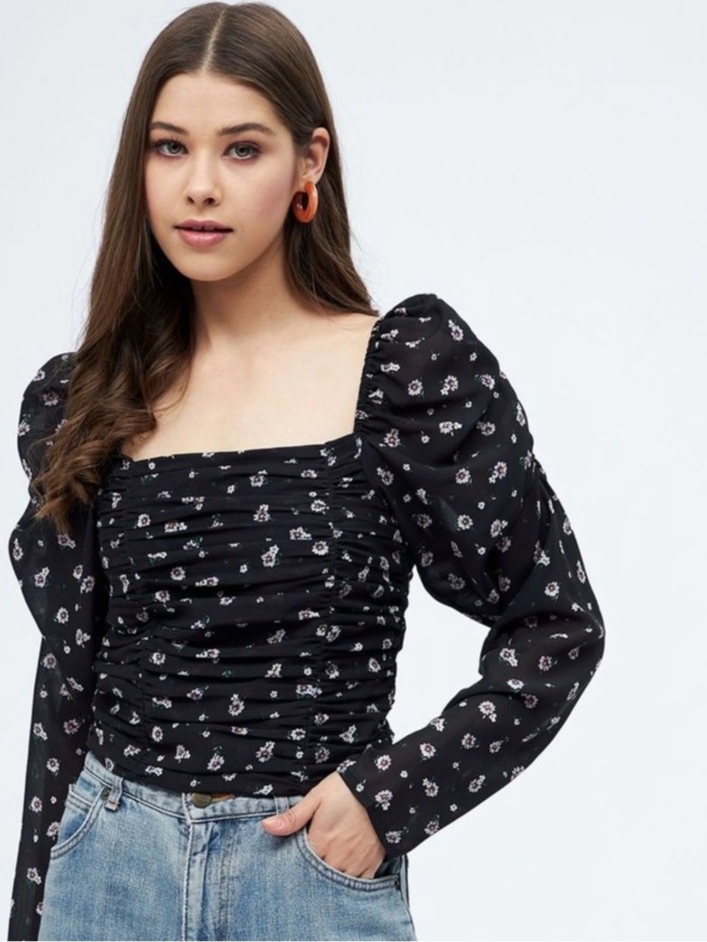 H&M Black Floral Ruched Square-Neck Top - Women